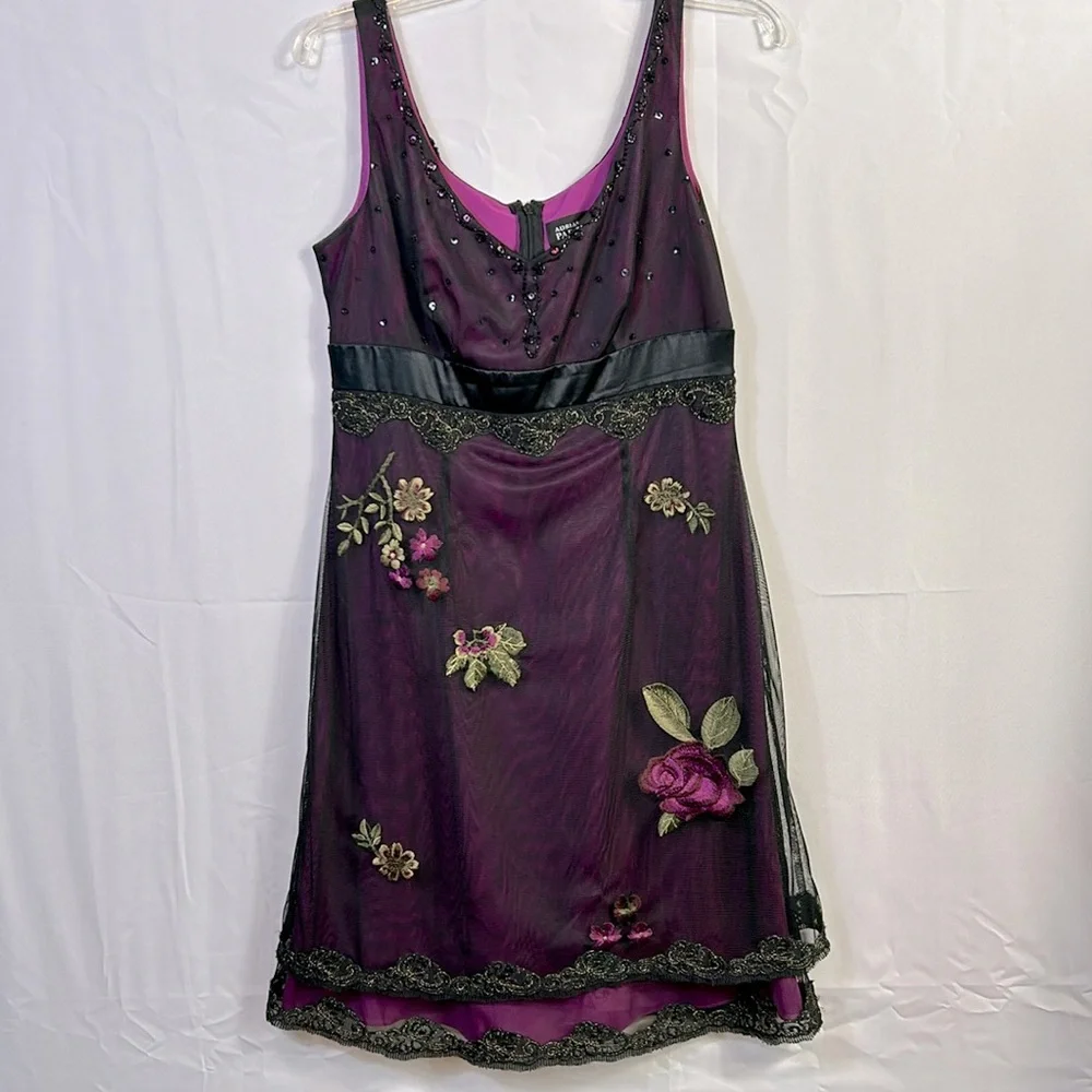 Adrianna Papell Purple Merlot Colored Midi size 10 Silk Lined Embroidered Beaded - Picture 3 of 9